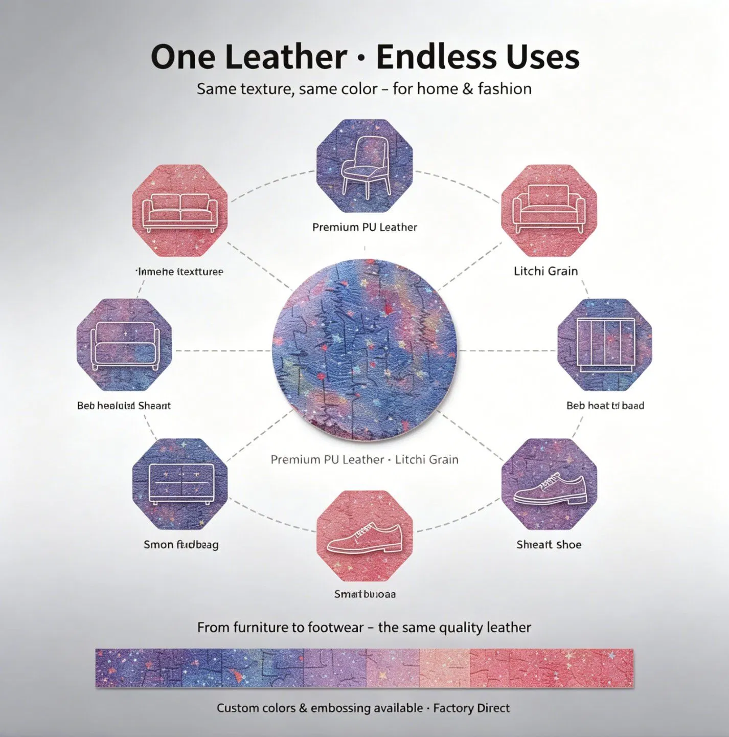Muestra gratuita de material sintético ecológico de imitación de cuero de aluminio, fabricado en China para zapatos/bolsos
