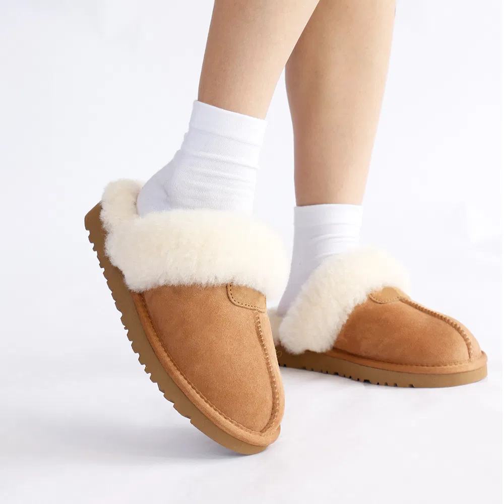 Zapatillas de casa de piel de oveja premium con suela de goma, suaves y flexibles, con cuello de piel