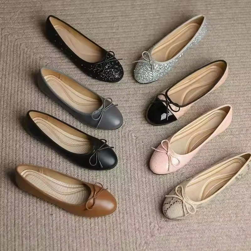 Zapatos planos de moda con lazo de lentejuelas baratos al por mayor, estilo de caminar para oficina, elegantes zapatos de baile casuales para mujeres y damas