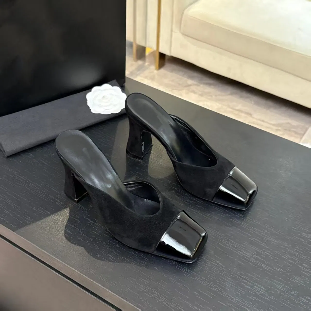 Mules de tacón cuadrado de charol negro con bloque de color, deslizables sin respaldo, sandalias de tacón bloque cómodas para oficina, fiesta, citas y uso diario, zapatos de vestir para mujeres