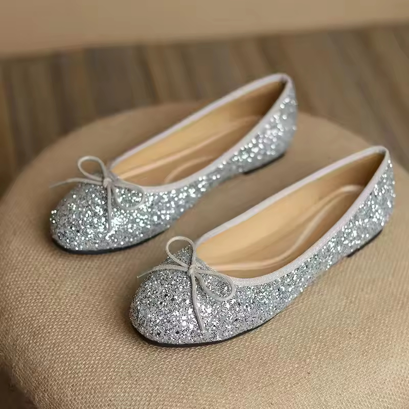 Zapatos planos de moda con lazo de lentejuelas baratos al por mayor, estilo de caminar para oficina, elegantes zapatos de baile casuales para mujeres y damas