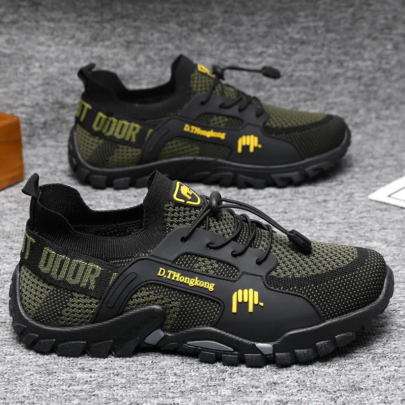 Zapatillas de senderismo transpirables para hombre, de fábrica, al por mayor, sin cordones, de malla, antideslizantes