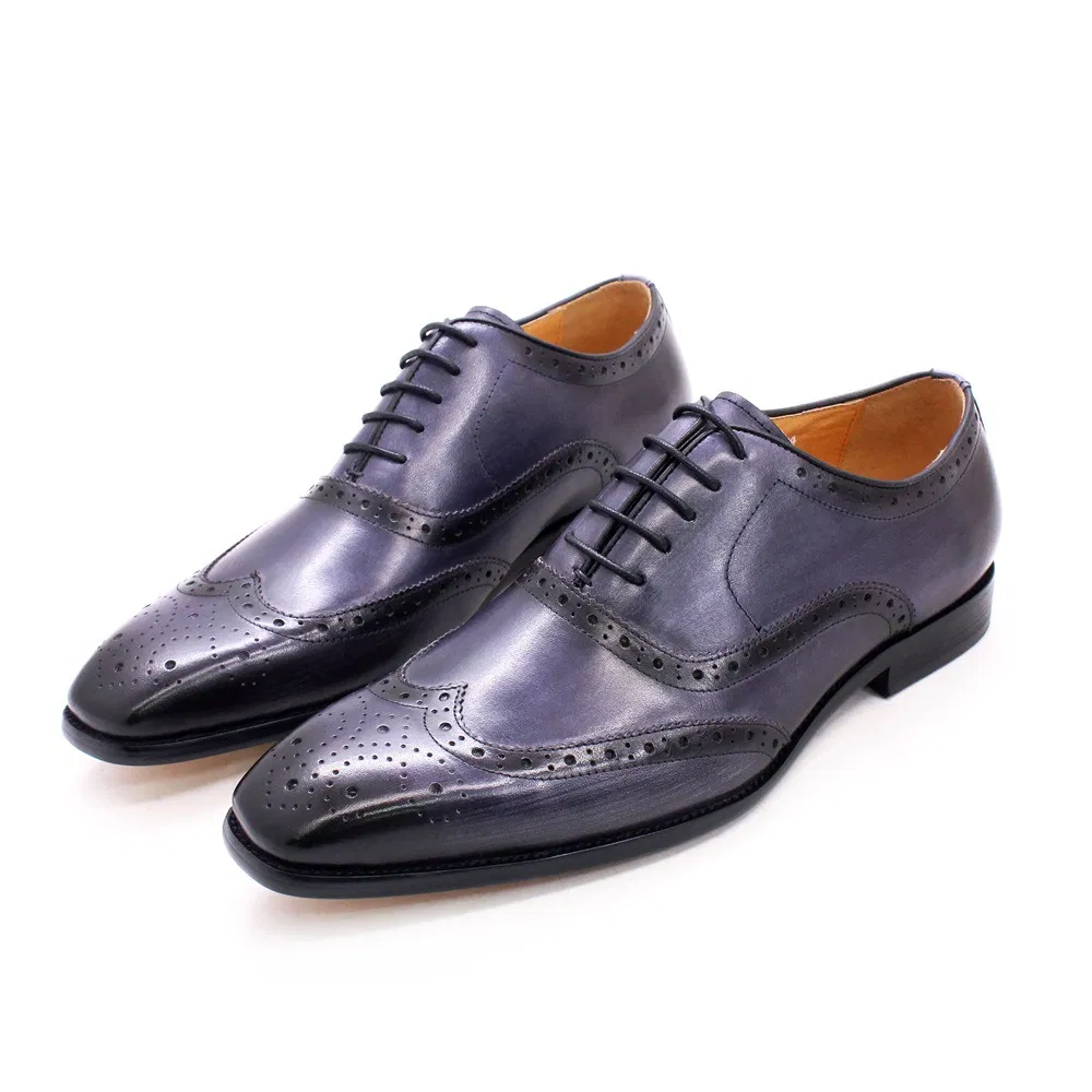 Zapatos de vestir de cuero para hombres, estilo oxford, con punta alada y brogue
