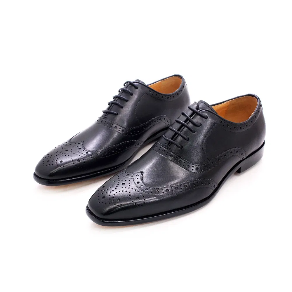 Zapatos de vestir de cuero para hombres, estilo oxford, con punta alada y brogue