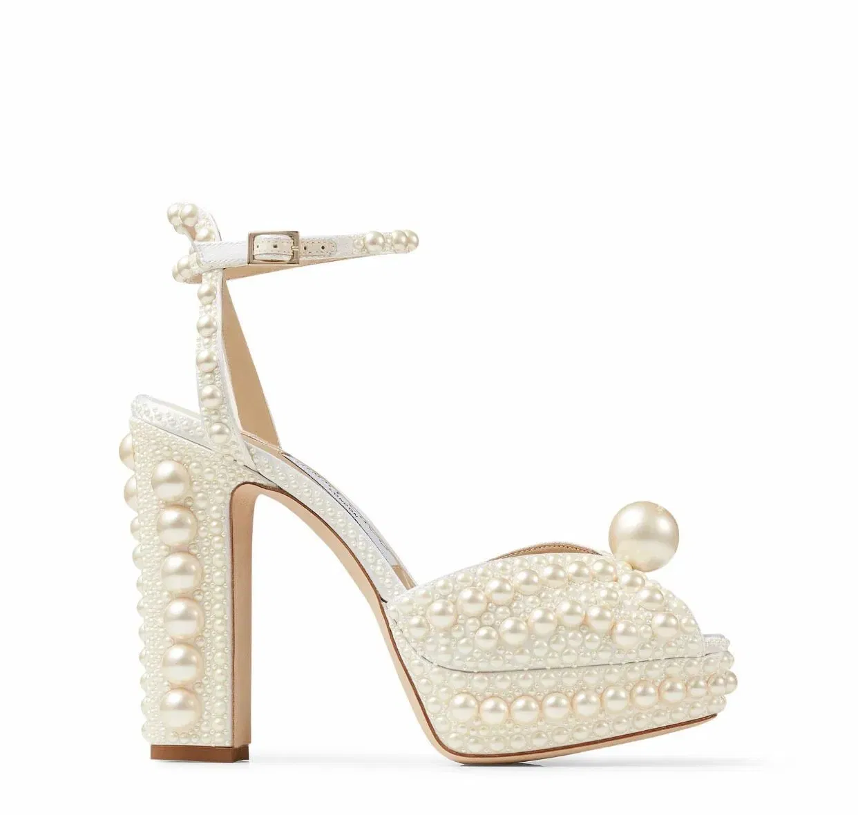 Zapatos de vestir perlas blancas tacones de cuero para dama con tacón de aguja y correa en el tobillo