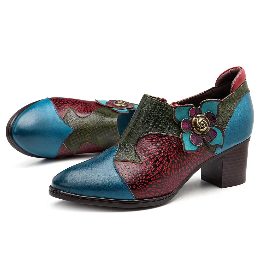 Zapatos de vestir con cremallera para mujer de flores de moda y suela gruesa