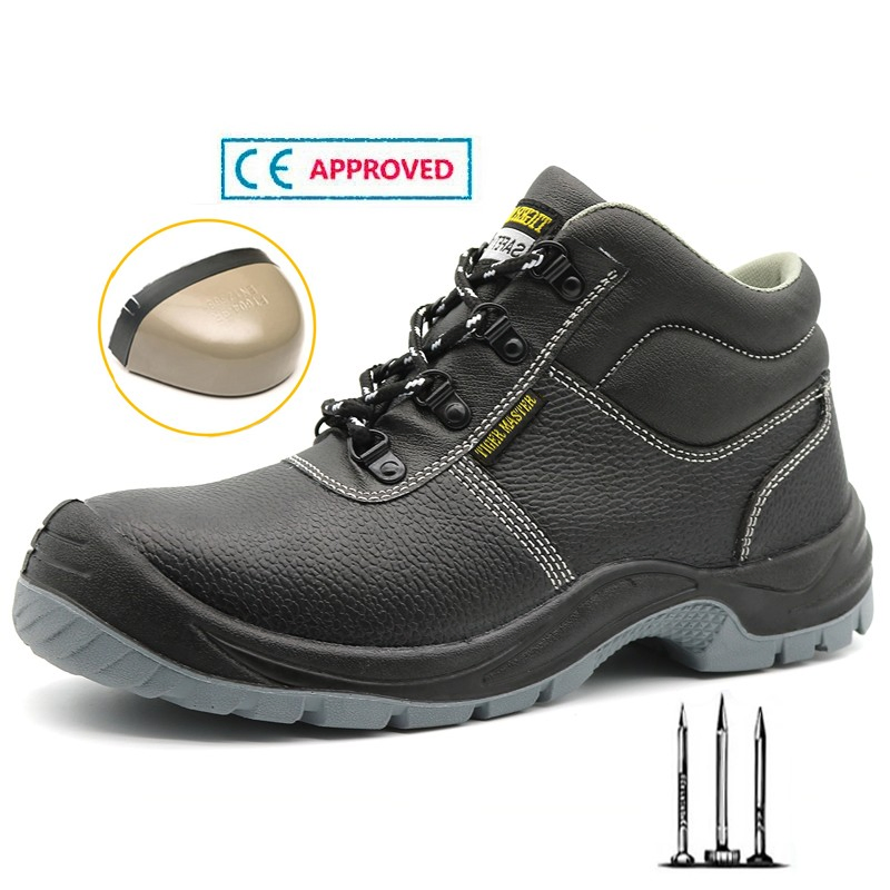 CE S3 Zapatos de seguridad de cuero negro antideslizante, a prueba de perforaciones, con punta de acero y antiestáticos para hombres industriales