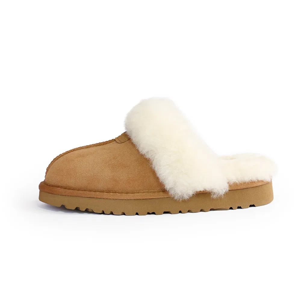Zapatillas de casa de piel de oveja premium con suela de goma, suaves y flexibles, con cuello de piel