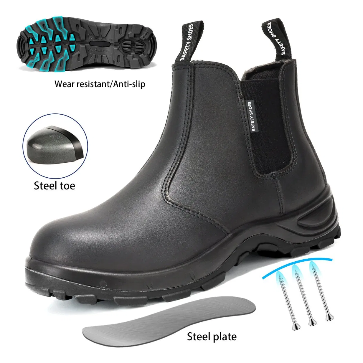 Botas de seguridad de cuero Chelsea para hombres con punta de acero