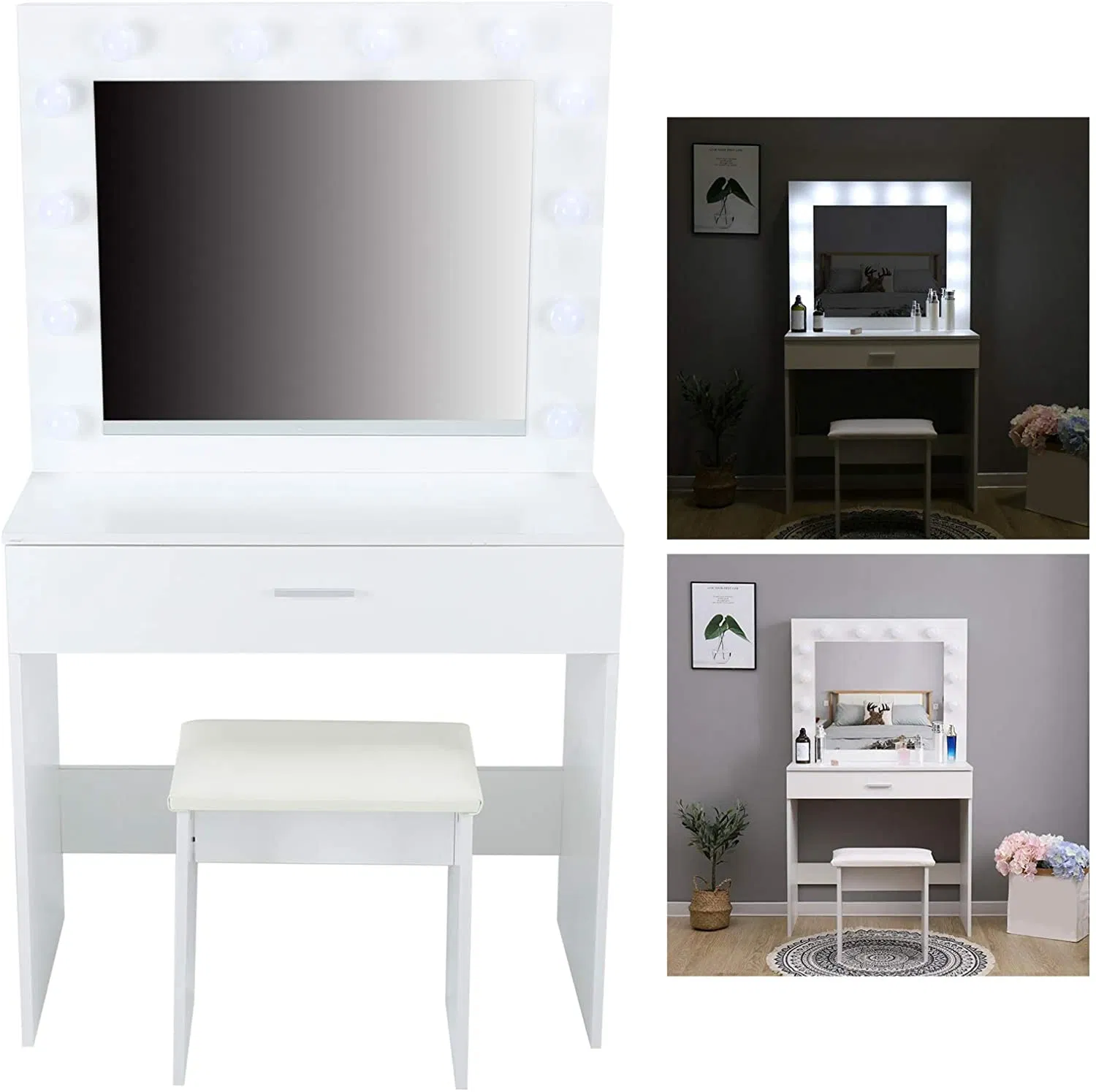 Conjunto de Cômoda Estilosa com Banquetas e Luzes LED Ajustáveis