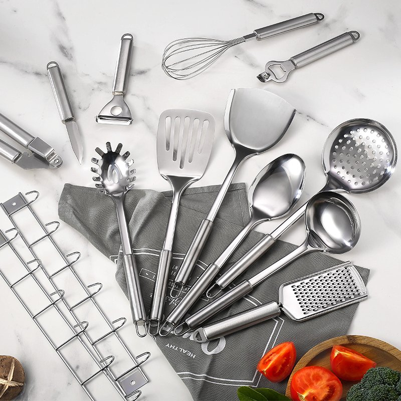Utensílios de Cozinha em Aço Inoxidável Não Magnético Premium: Espátula Resistente, Concha, Colher Furada e Concha para Sopa