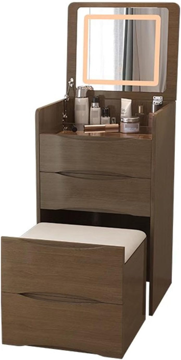 Mesa de vestir integrada para quarto com espelho LED reflexivo, design para colocação ao lado da cama e compatibilidade estética minimalista