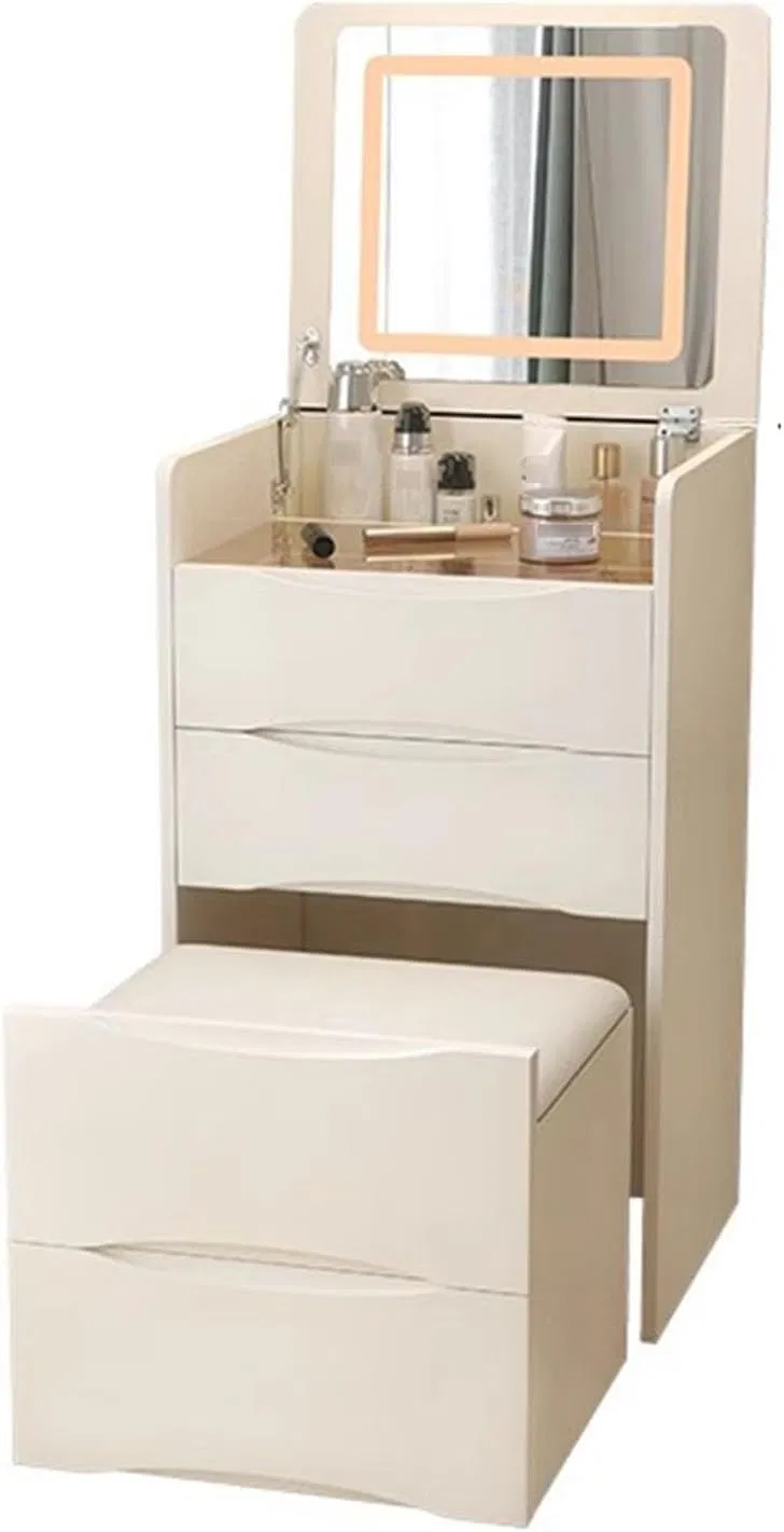 Mesa de vestir integrada para quarto com espelho LED reflexivo, design para colocação ao lado da cama e compatibilidade estética minimalista