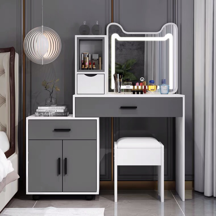 Móvel de quarto de hotel simples e elegante, cômoda de madeira durável com espelho