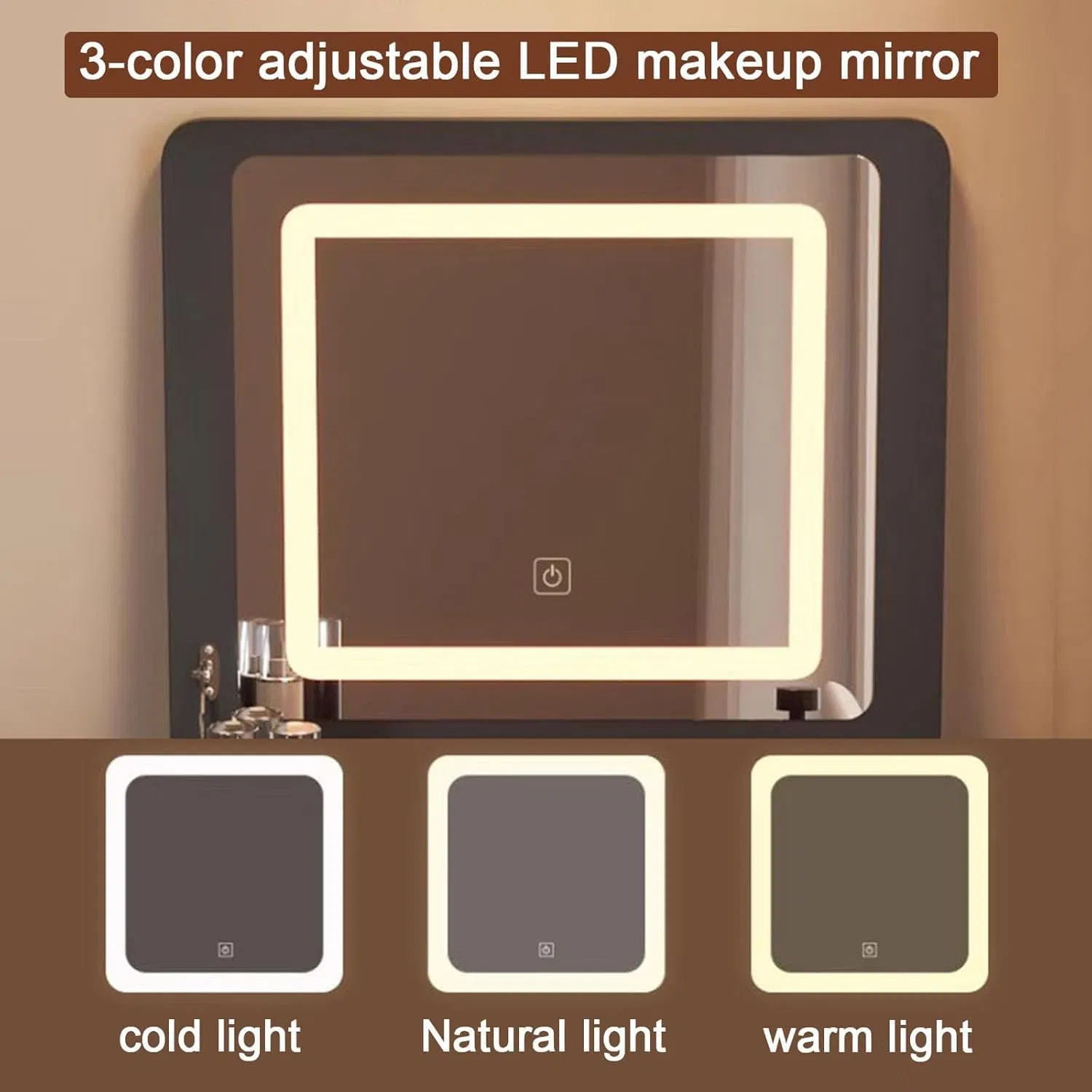Mesa de vestir integrada para quarto com espelho LED reflexivo, design para colocação ao lado da cama e compatibilidade estética minimalista