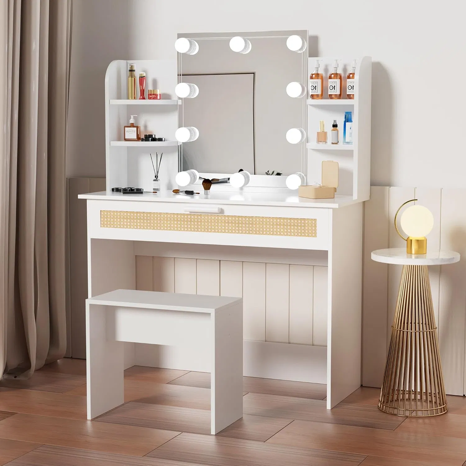 Criado-mudo de Rattan Branco para Sala de Estar com Gavetas Espelho Armário de Armazenamento Multifuncional Mesa Grande