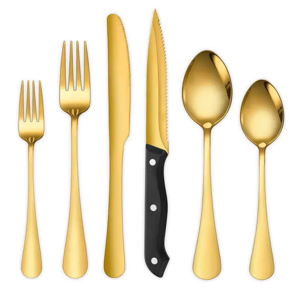 Conjunto de Talheres de Luxo em Aço Inoxidável Personalizado com Logo Preto Elegante para Uso ao Ar Livre, Viagens e Camping. Utensílios de Metal para Comer