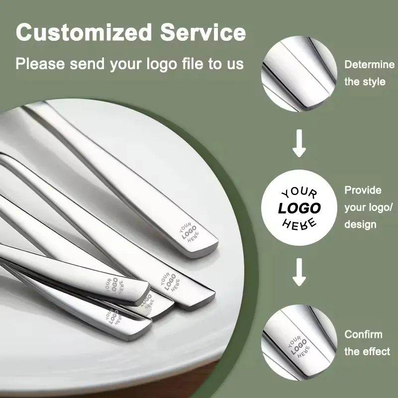 Conjunto de Talheres de Luxo em Aço Inoxidável Personalizado com Logo Preto Elegante para Uso ao Ar Livre, Viagens e Camping. Utensílios de Metal para Comer