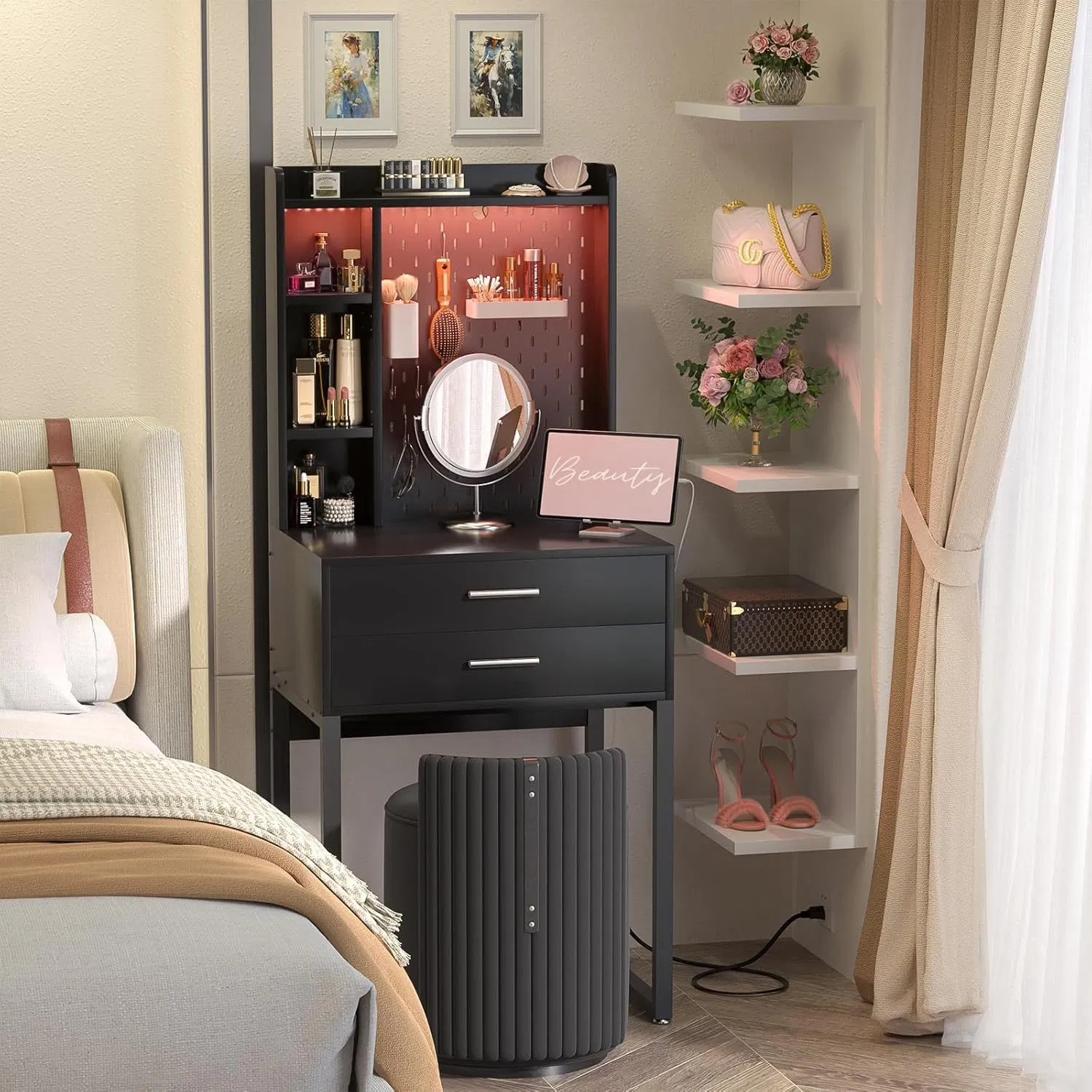 Mesa de maquiagem moderna minimalista para apartamento pequeno com luz e criado-mudo