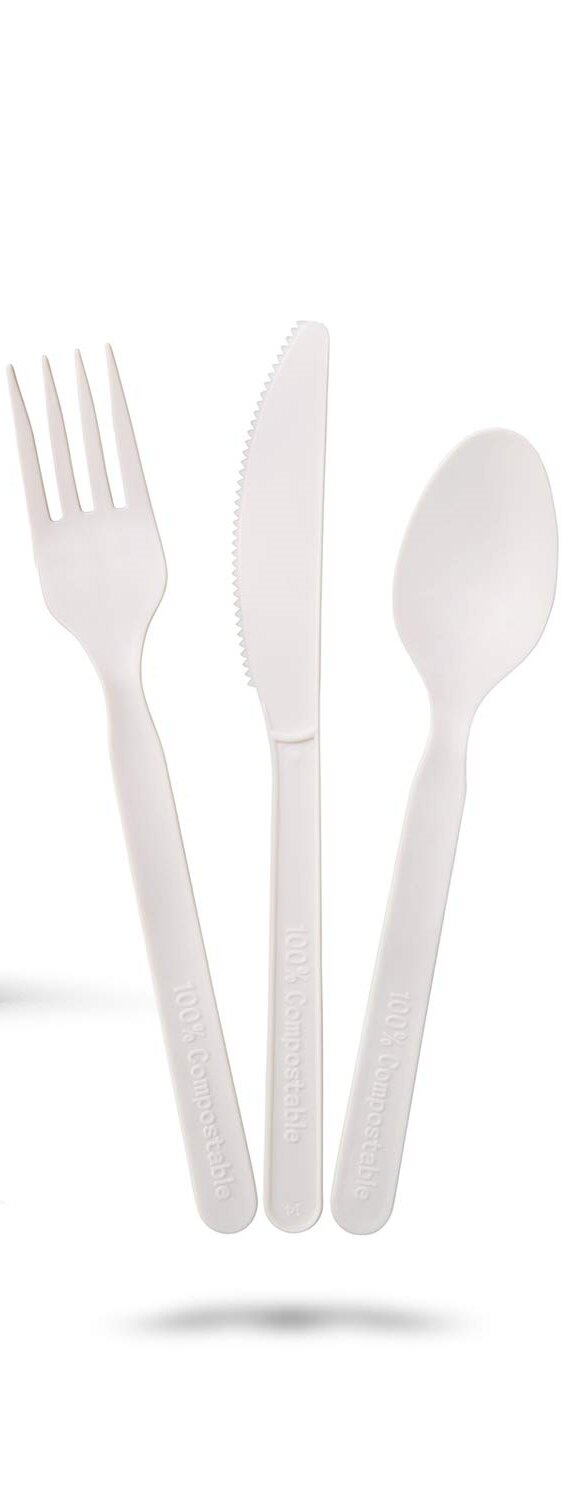 7inch Conjunto de Talheres Descartáveis Certificados Bpi Compostáveis com Garfos, Colheres e Facas Compostáveis