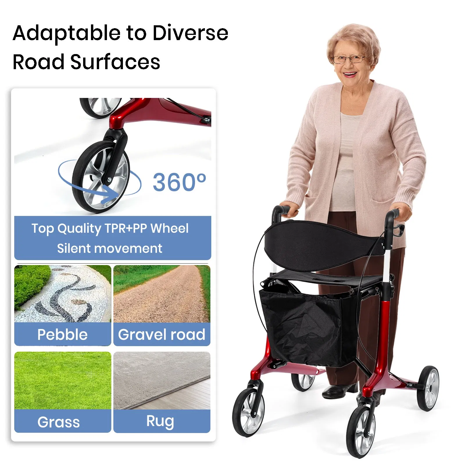 Cajado de Caminhada Andador Dobrável Portátil 4-Wheeled Resistente em Fibra de Carbono Leve Equipamento de Fisioterapia