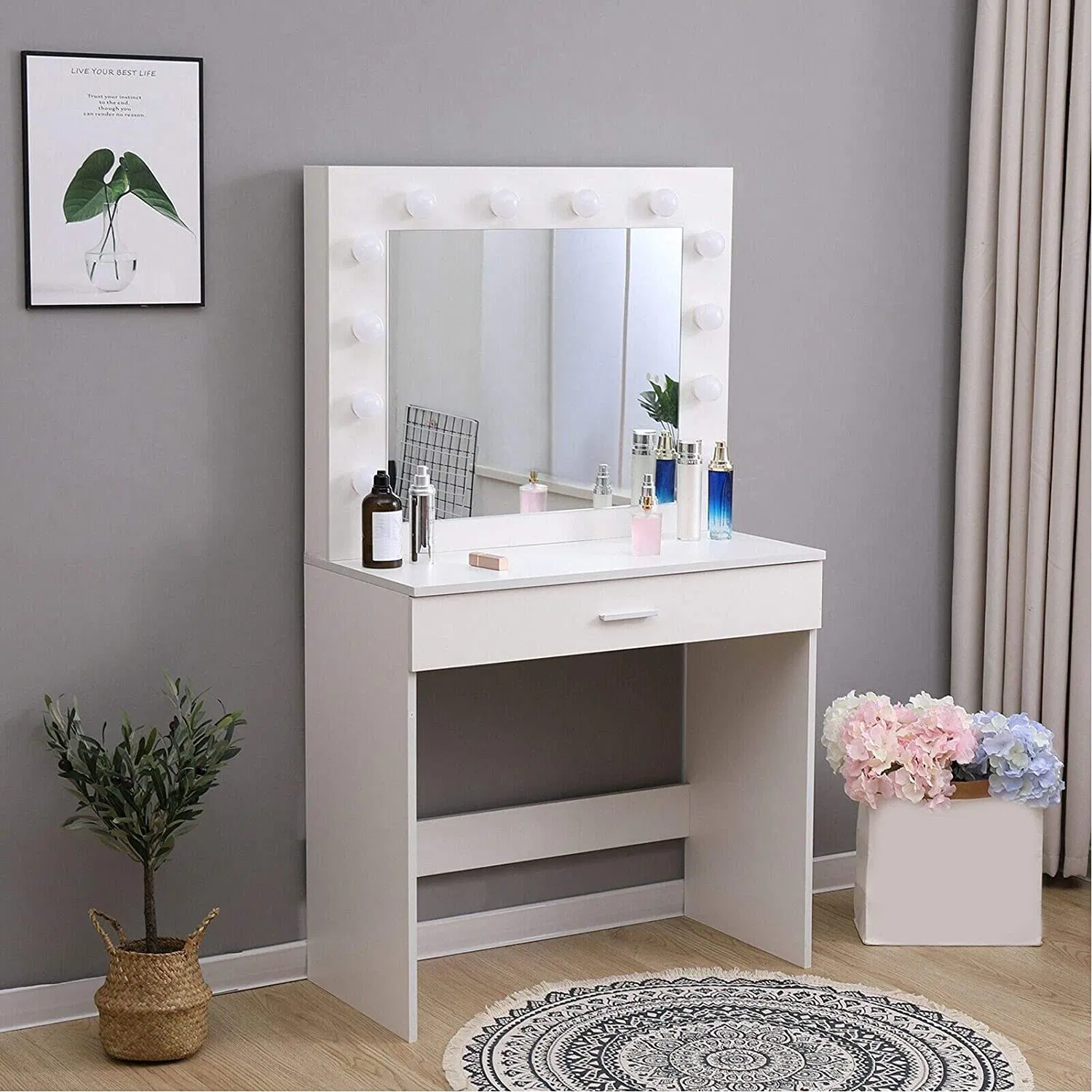 Conjunto de Cômoda Estilosa com Banquetas e Luzes LED Ajustáveis