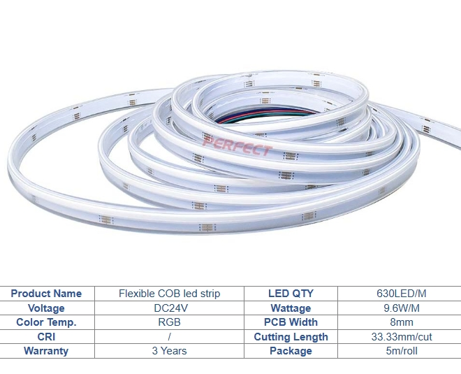 New Design COB Side Emitting RGB LED Strip Light Without LED DOT 24V Flexible No Light Spots for Decorating