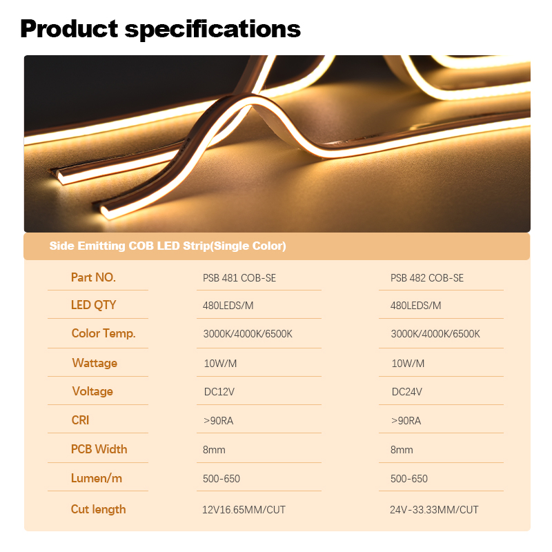 Side Emitting Dotless Flexible COB LED Strip Rope Light 480LED/M