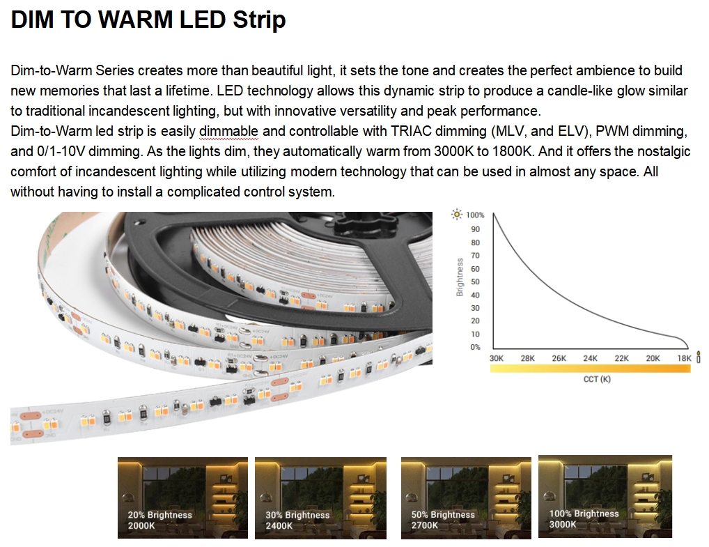 CCT SMD2216 LED Strip 1800~3000K 24V DC Dim to Warm LED Strip