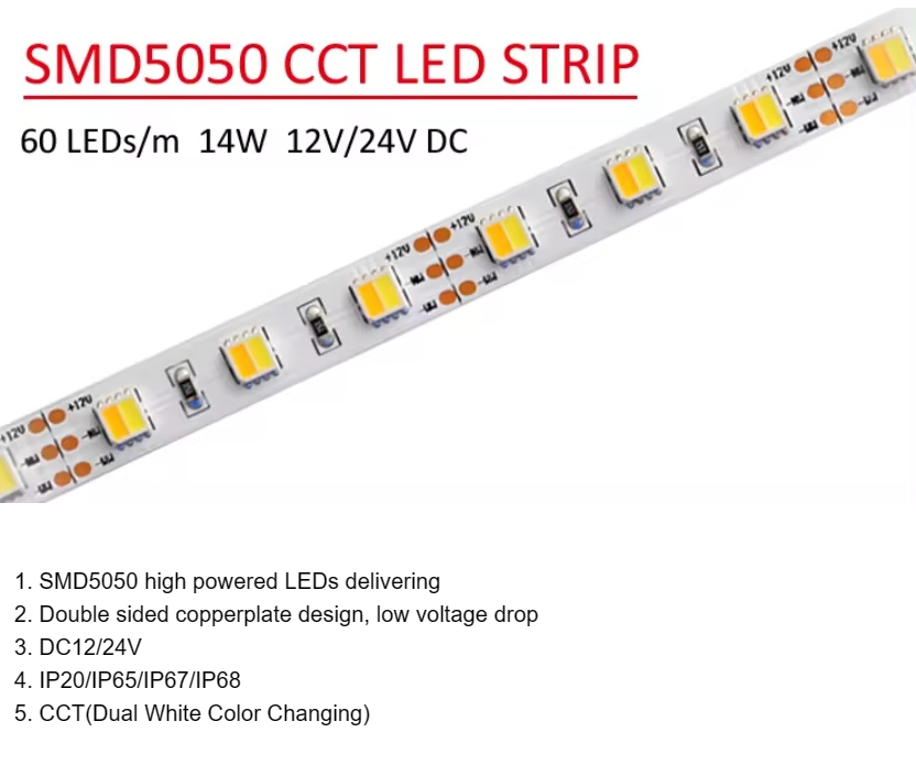 5m Reel Customizable Dimmable Tunable White SMD5050 12V Low-Voltage LED Strip Light