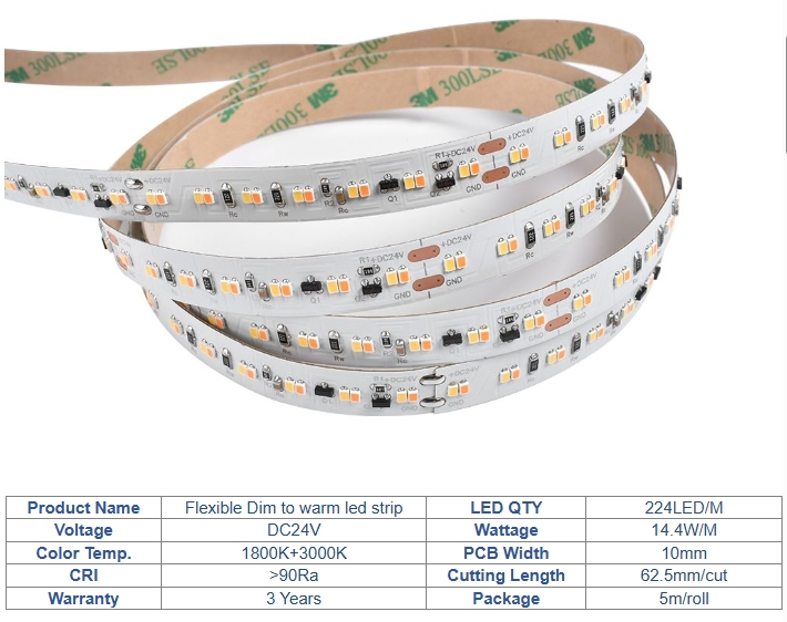 CCT SMD2216 LED Strip 1800~3000K 24V DC Dim to Warm LED Strip