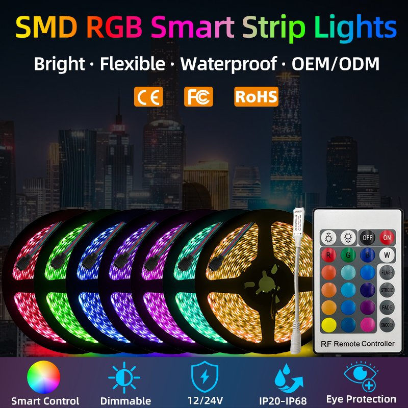 RGB LED Strip Light 24V 12V 60/120LEDs/m Customizable Color Changing LED Tape for Home, TV, Bedroom, Party Lighting