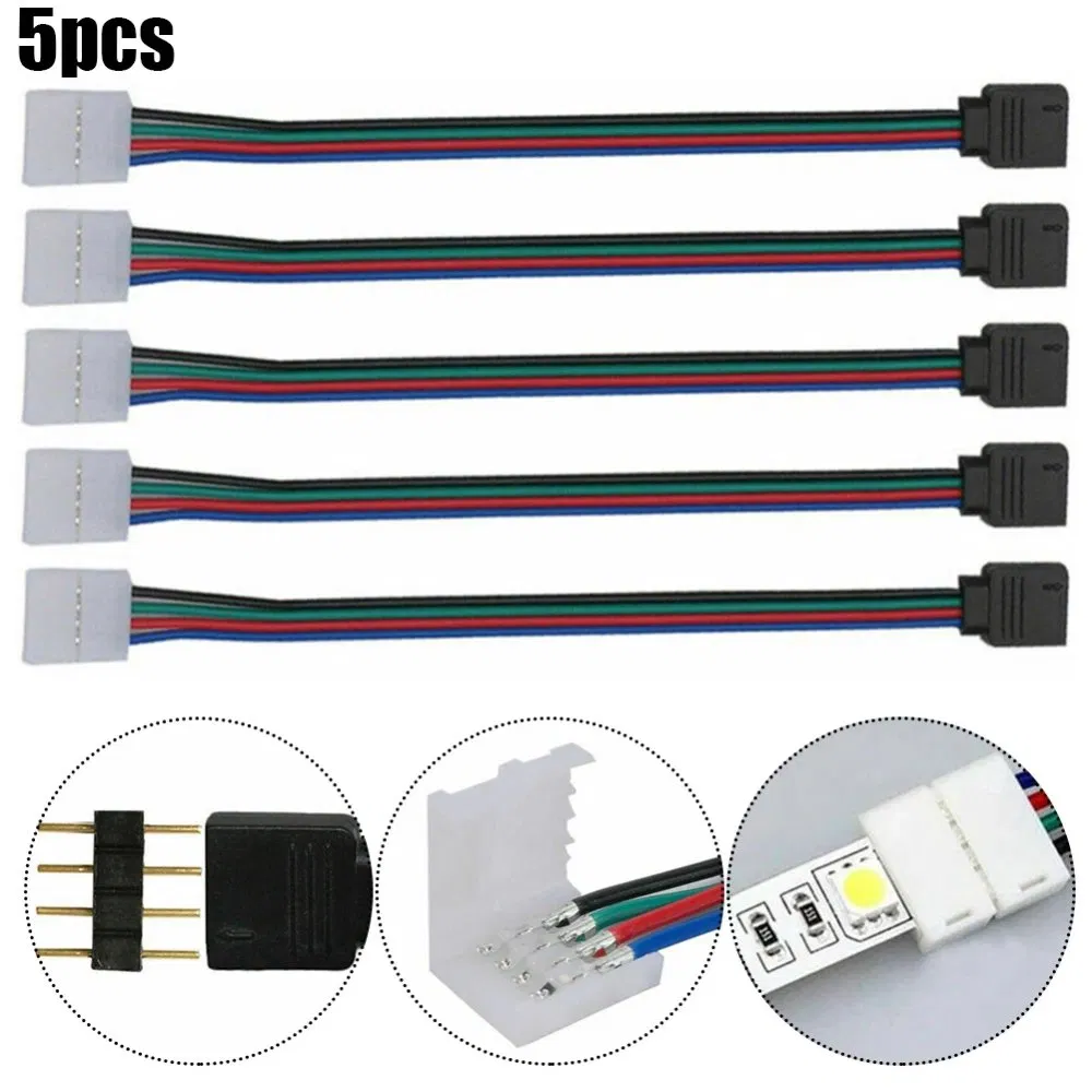 2835 5050 LED RGB Strip Light Connector 4 Pin Conductor 10mm Strip to Controller Jumper Solderless Clip on Pigtail Power Adapter