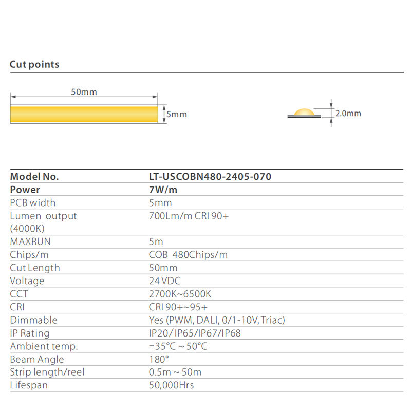 2700-6500K Ultra Narrow 4mm Dimmable COB 12V Natural White Flexible 5mm LED COB Strip