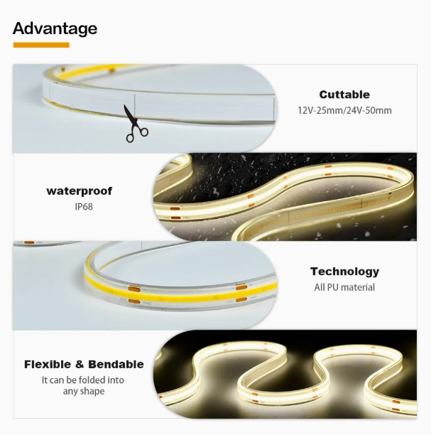 IP68 Waterproof COB Strip LED Strip 480m 24V Flexible LED Tape