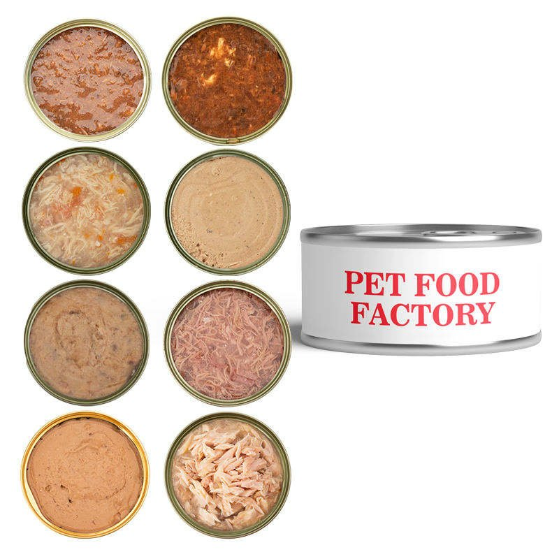 Comida húmeda para mascotas OEM/ODM enlatada, alta nutrición de pollo, res y atún para gatos y perros con DHA, dieta completa hidratante a granel