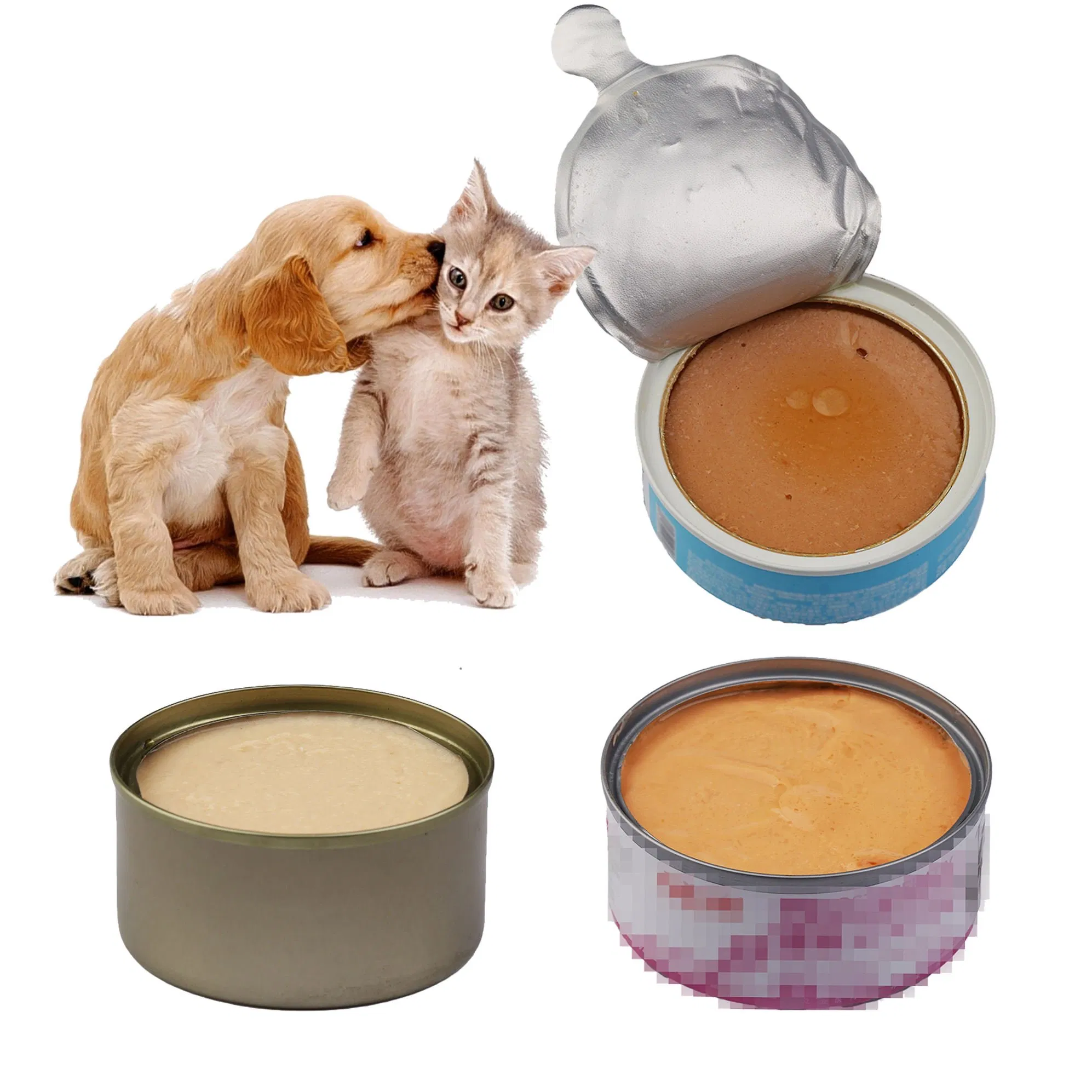 Comida húmeda para mascotas OEM/ODM enlatada, alta nutrición de pollo, res y atún para gatos y perros con DHA, dieta completa hidratante a granel