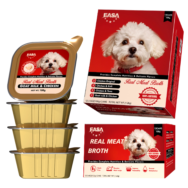 Comida enlatada húmeda sabrosa para mascotas, bocadillo de carne en salsa de caldo 100g sin granos, paquete de variedades