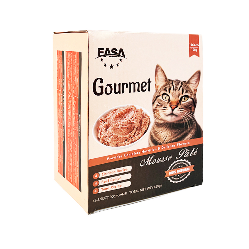 Comida para gatos enlatada húmeda Mousse Pate alta en proteínas nutritiva con nutrición completa y balanceada 100g libre de granos MOQ bajo