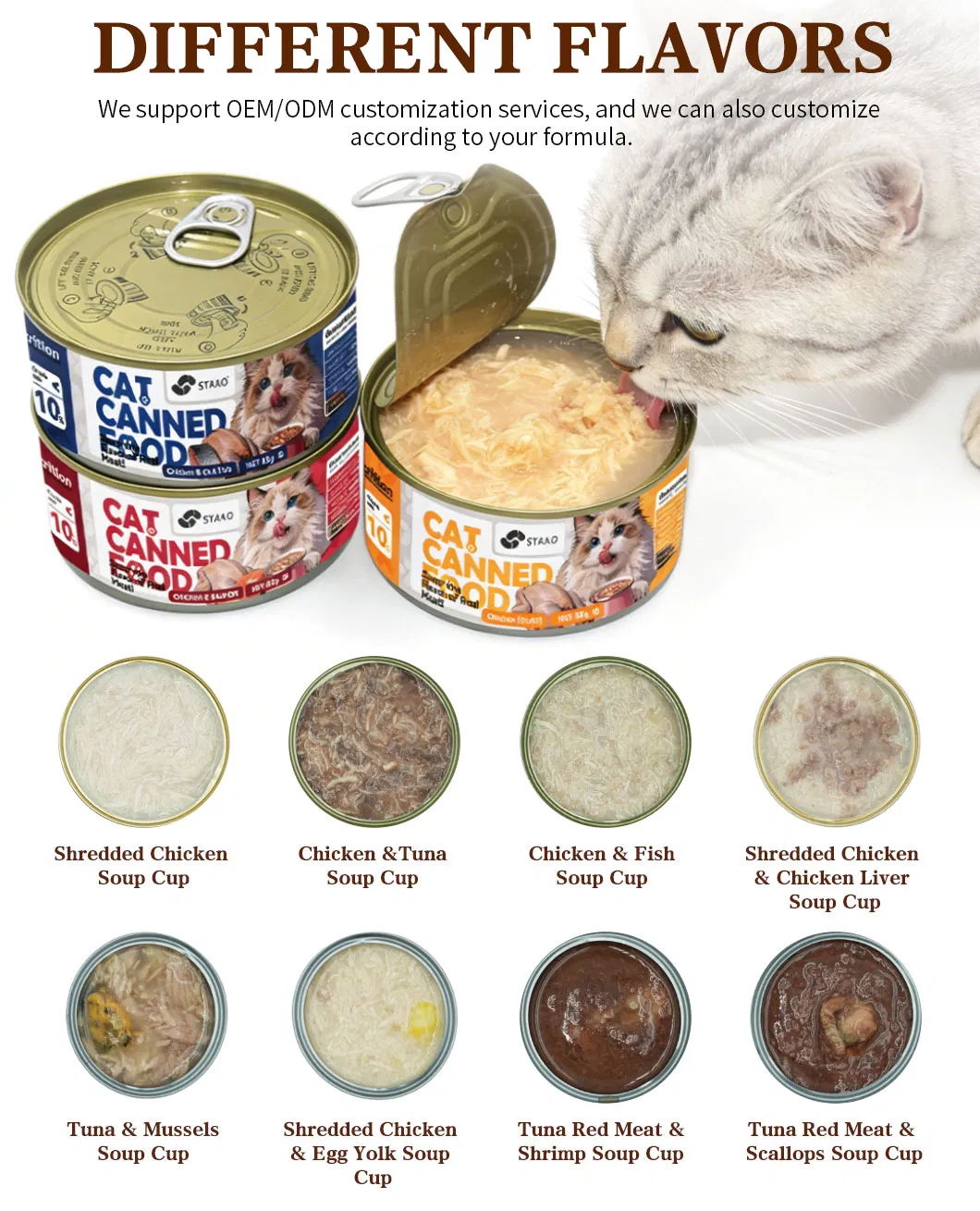 Comida húmeda premium de alta proteína para gatos, comida enlatada personalizada para mascotas con sabores de pollo y atún
