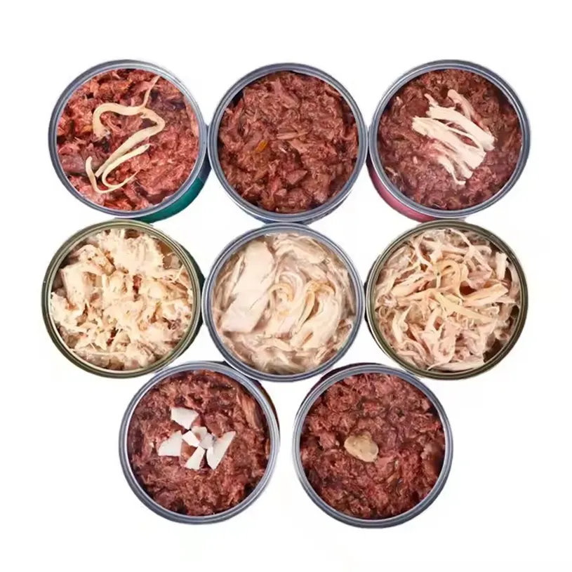 Comida enlatada para gatos de sabor a pescado disponible de alta calidad, comida enlatada para perros, fábrica de comida húmeda para mascotas