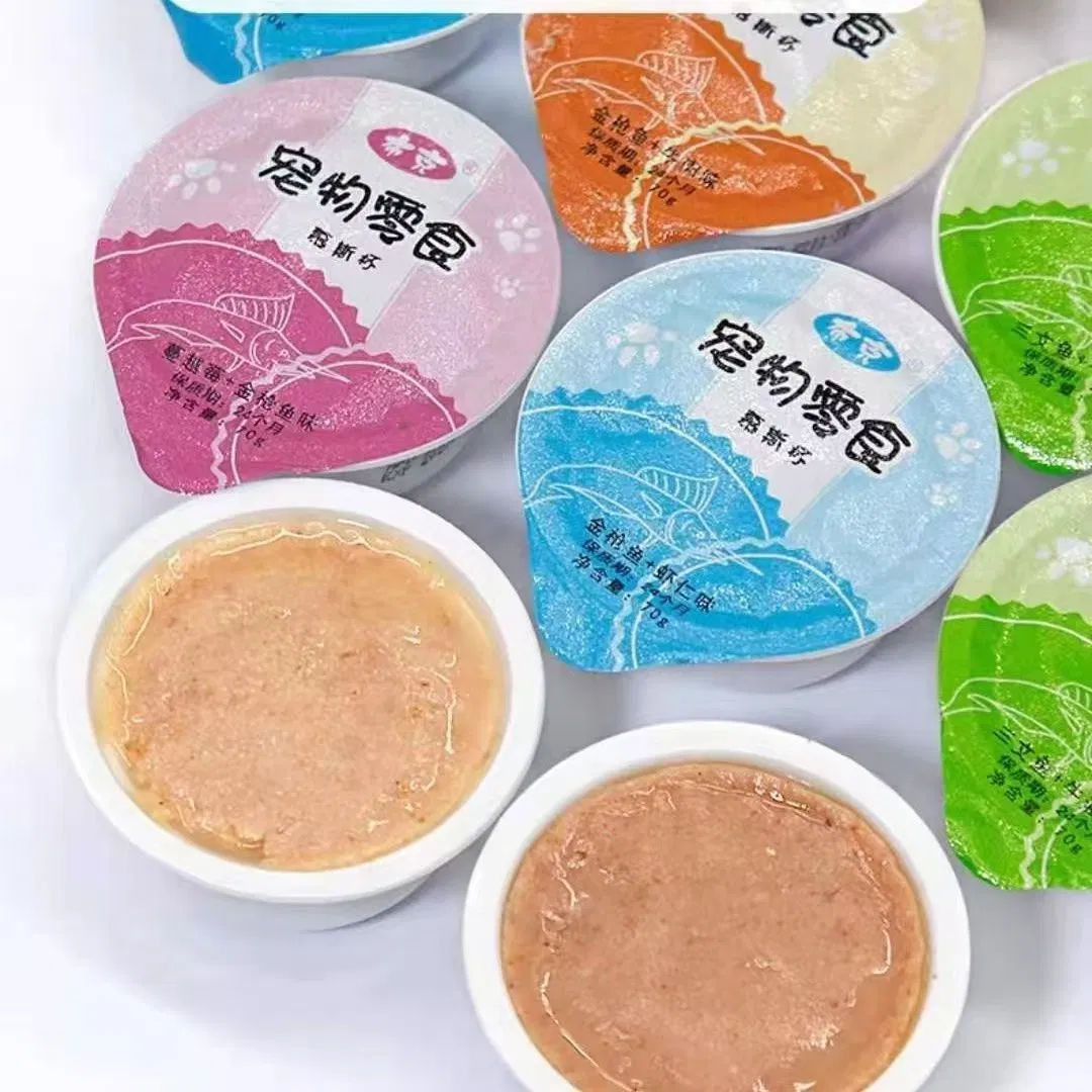 Snacks húmedos enlatados personalizados OEM de carne de res y bacalao para gatos y perros 70g Pate de caldo de carne en lata para gatos