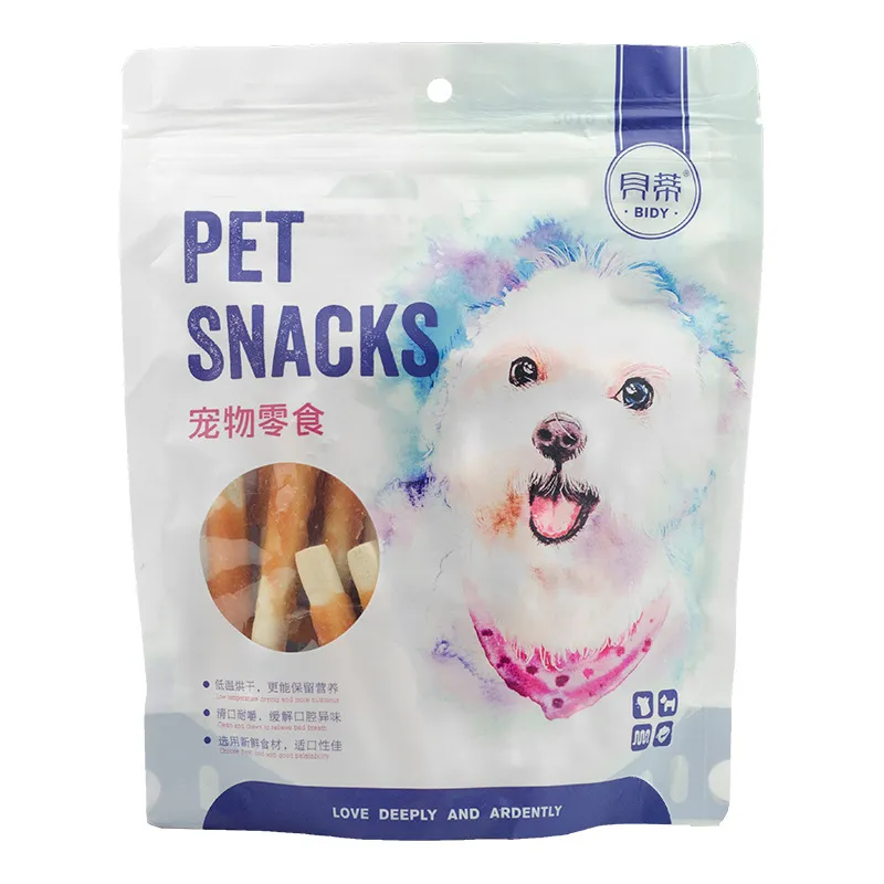 Palitos de cuero crudo envueltos en pollo golosinas para perros al por mayor personalizadas OEM bocadillos para mascotas
