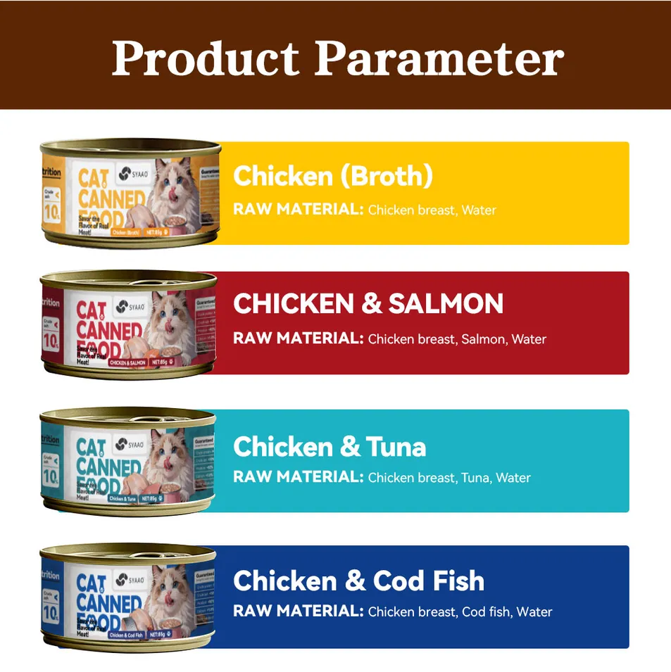 Comida húmeda premium de alta proteína para gatos, comida enlatada personalizada para mascotas con sabores de pollo y atún