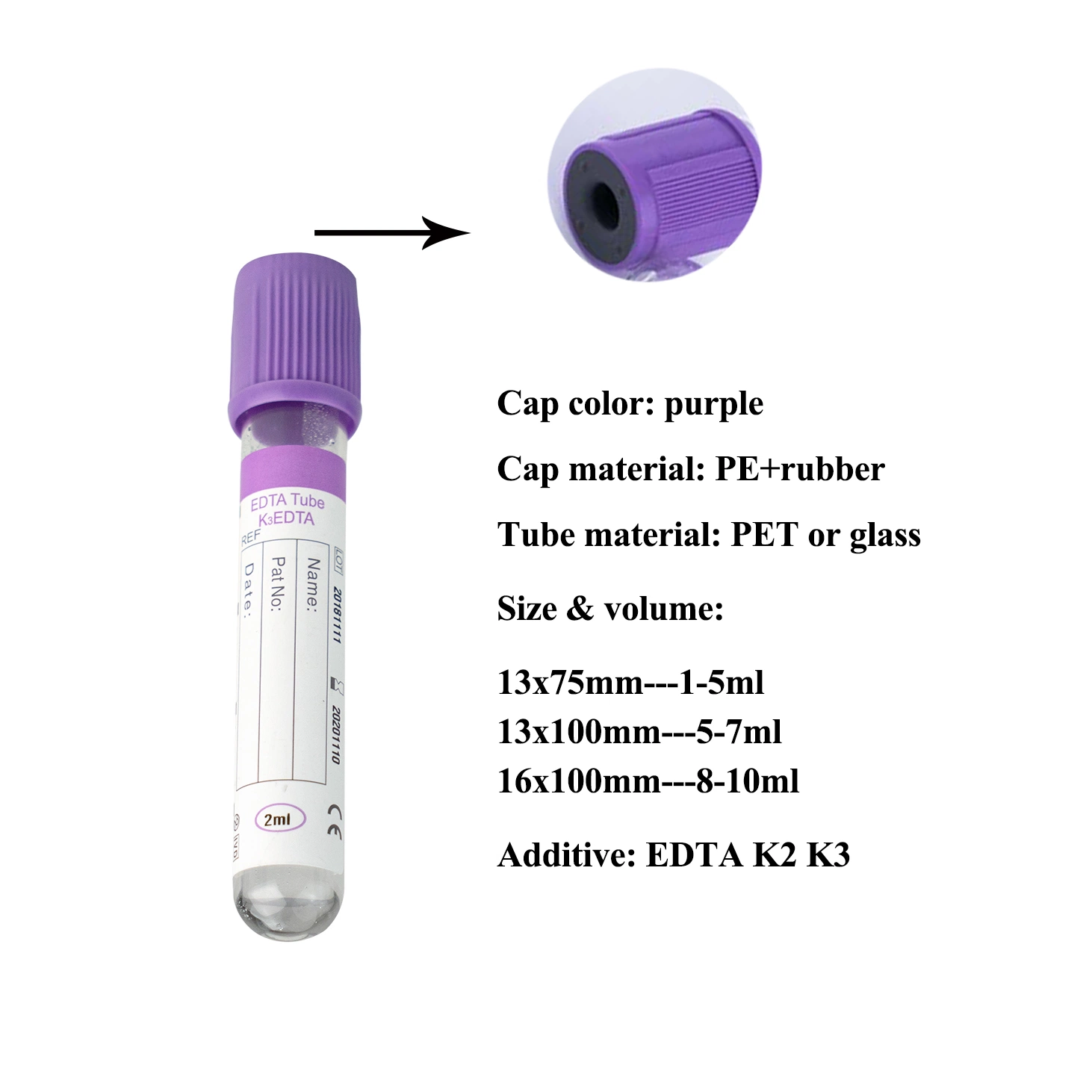 Hospital Disposable Medical Glass Pet Blood Test Purple EDTA Vacuum Blood Collection Tube