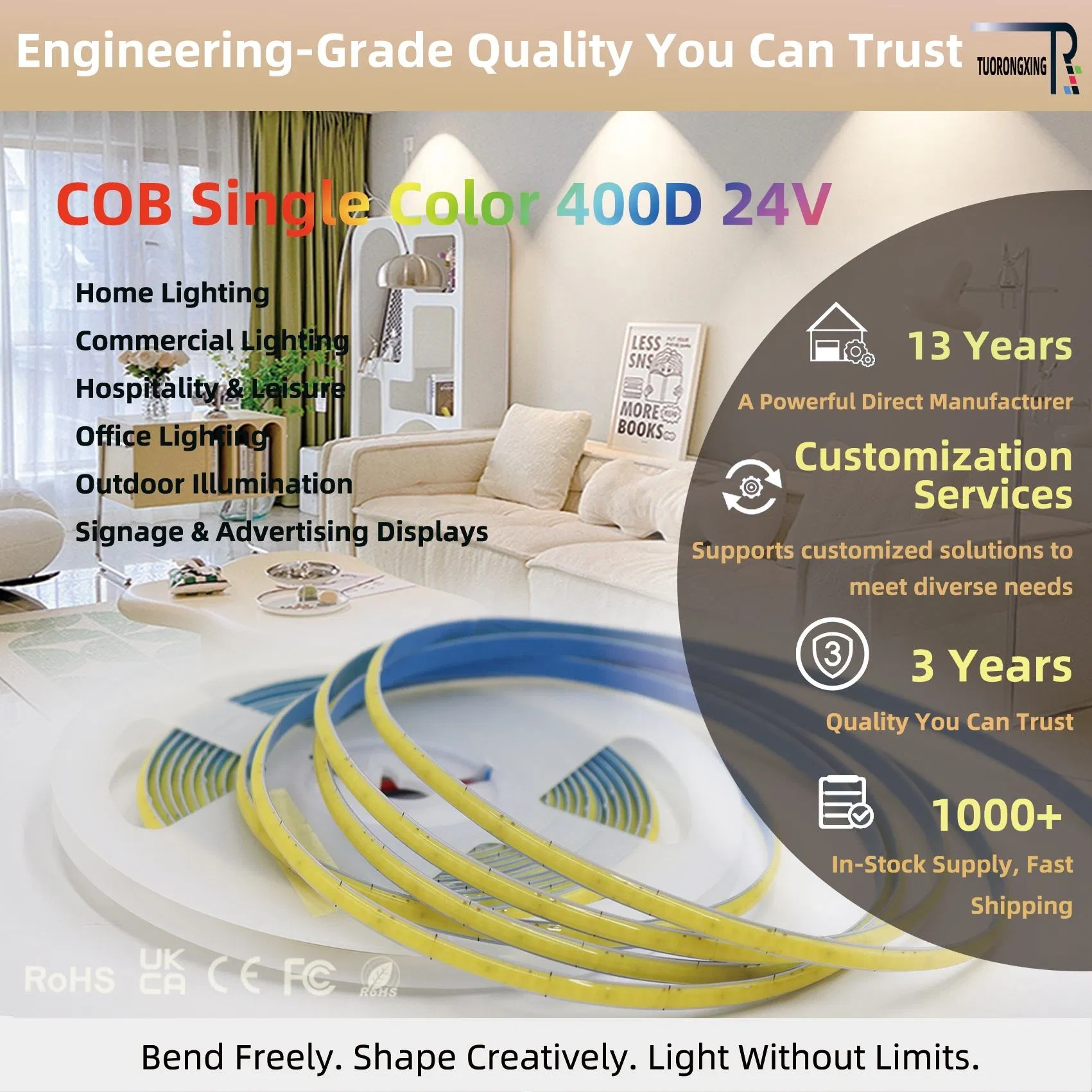 400 Fita de LED COB de Alta Densidade Sem Pontos Flexível 12V 24V Iluminação Ultra Brilhante para Exibição em Gabinetes