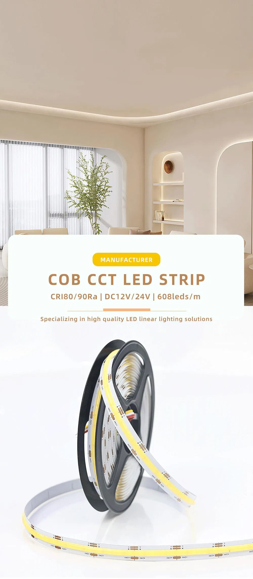 OEM ODM DC24V IP20 DC24V 10mm 608LEDs/M Luz de fita LED sem pontos em perfil de alumínio LED Luz COB