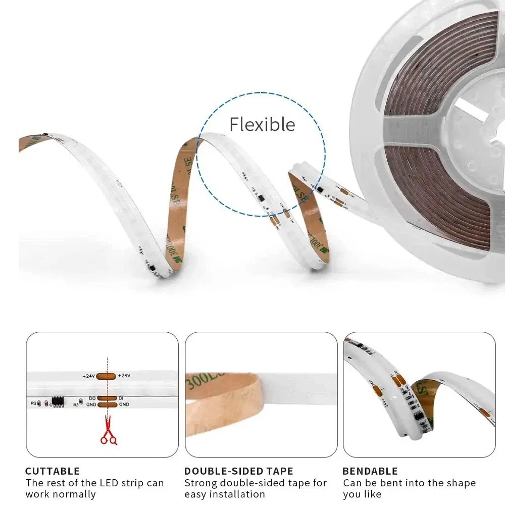 Fita de LED COB RGB inteligente Rgbic 576LEDs de alta densidade flexível