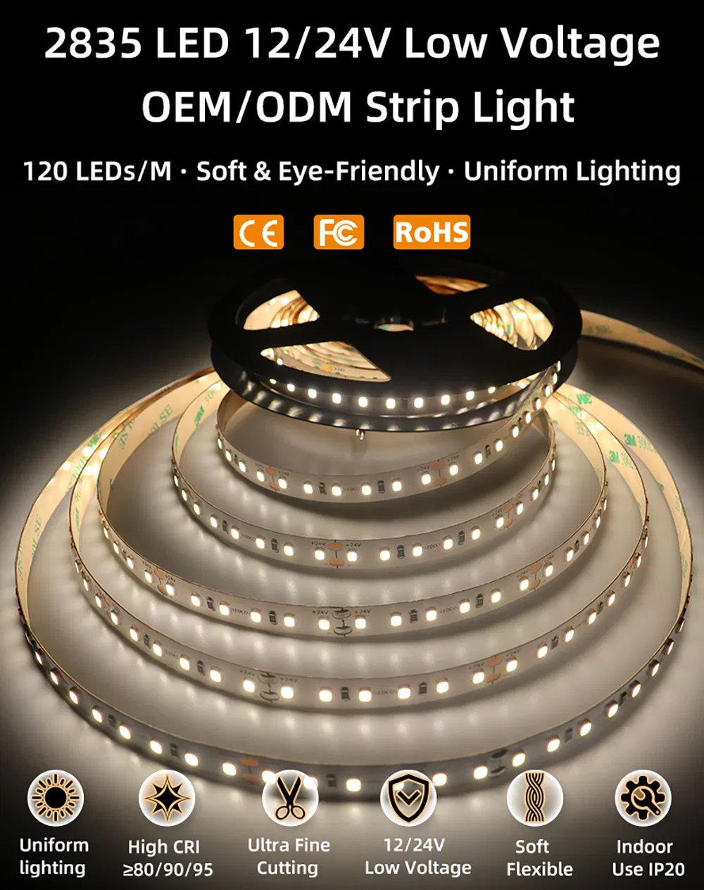 60LEDs/m Flexível 2835 Fita de LED à Prova d'Água Cortável Luz de LED de Alta Brilho Iluminação Interna Decoração de Casa Luz de Fundo para TV
