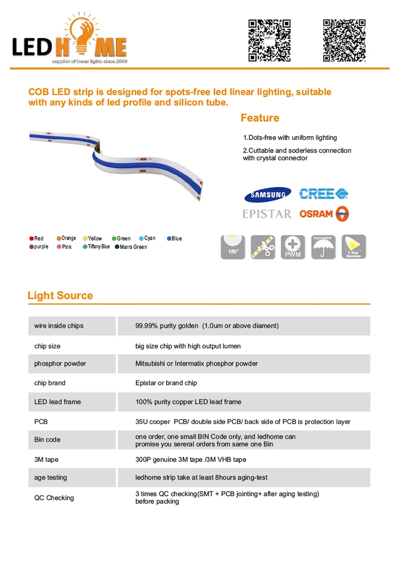 Fitas LED COB flexíveis de alta densidade